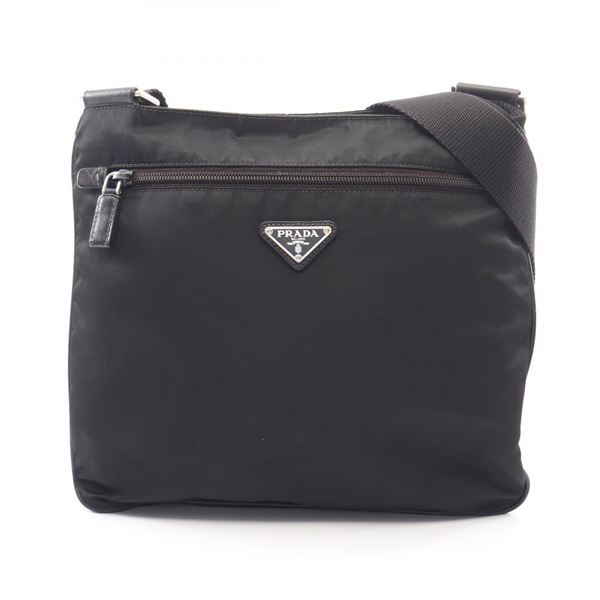 PRADA Triangle logo Shoulder Bag Nylon Saffiano leather Black Used Women