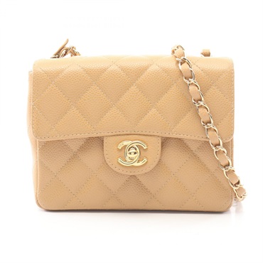 CHANEL Mini Matelasse Chain Shoulder Bag Grained Calfskin leather Beige Used GHW