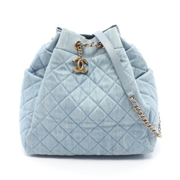 CHANEL Matelasse Drawstring Chain Shoulder Bag denim leather Blue Used Women GHW
