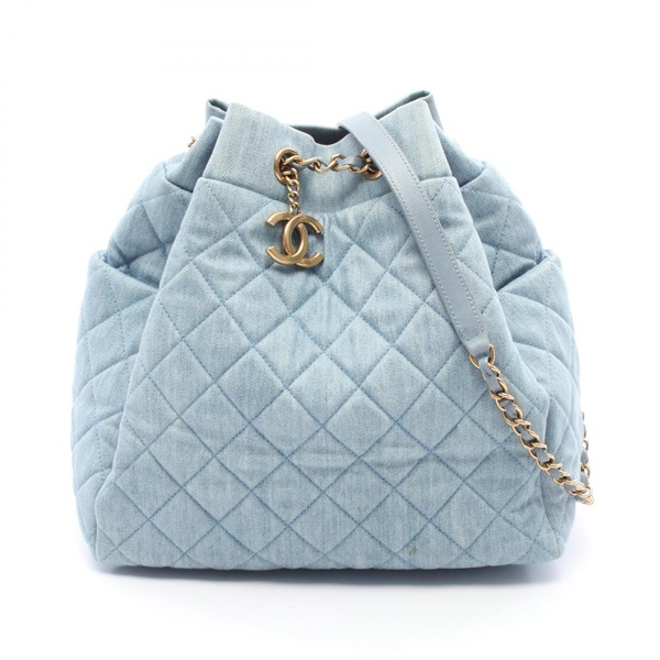 CHANEL Matelasse Drawstring Chain Shoulder Bag denim leather Blue Used Women GHW