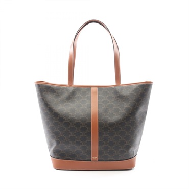 CELINE Medium Cabas Triomphe Tote Bag canvas leather Black Brown Used Women