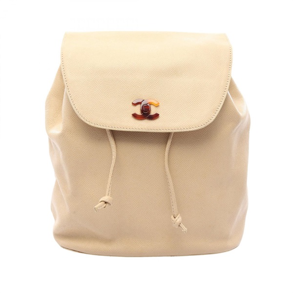 CHANEL COCO Mark Rucksack Backpack Grained Calfskin leather Beige Used Women GHW