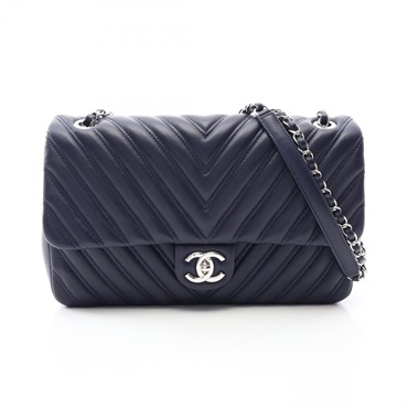 CHANEL Chevron Chain Shoulder Bag Lambskin sheep leather Navy Used Women SHW CC