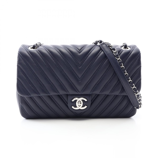 CHANEL Chevron Chain Shoulder Bag Lambskin sheep leather Navy Used Women SHW CC