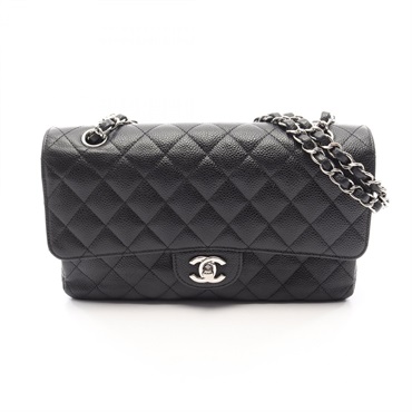 CHANEL Matelasse W flap Chain Shoulder Bag Grained Calfskin Black Used SHW CC