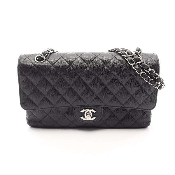 CHANEL Matelasse W flap Chain Shoulder Bag Grained Calfskin Black Used SHW CC