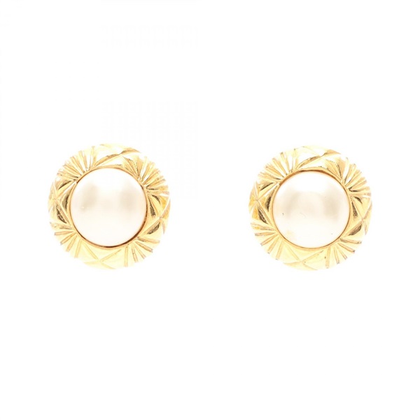 CHANEL Round Earring Gold Plated Artificial pearl GHW White Used Women CC