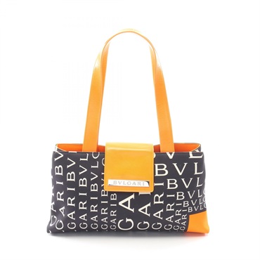 BVLGARI Logo mania Shoulder Handbag canvas leather Black Orange Used Women