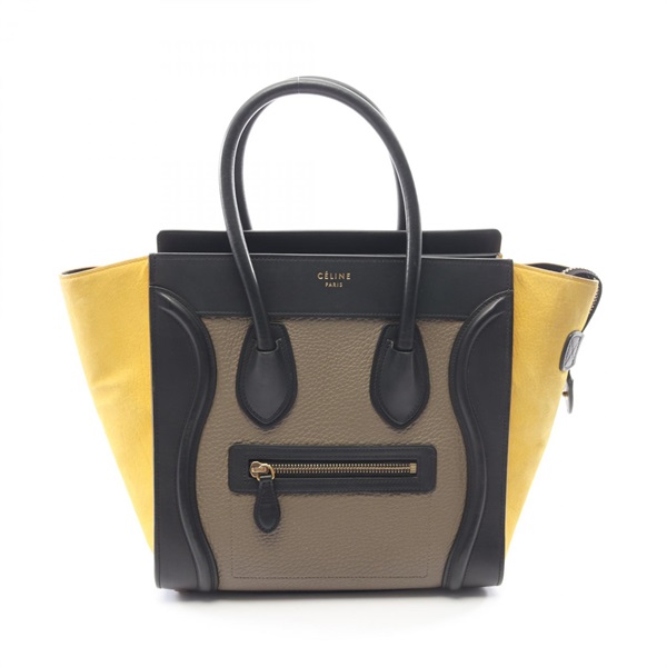 CELINE Luggage micro shopper Tote Bag 167793 Leather Suede Black Yellow Used