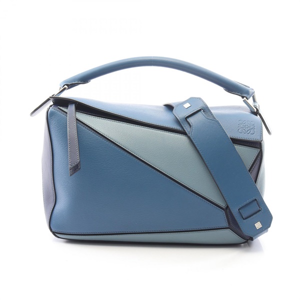 LOEWE Puzzle Bag Medium 2WAY Shoulder Handbag leather Blue Used Women