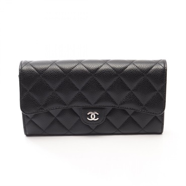 CHANEL Classic Long Flap Wallet Matelasse AP0241 Grained Calfskin Black Used SHW