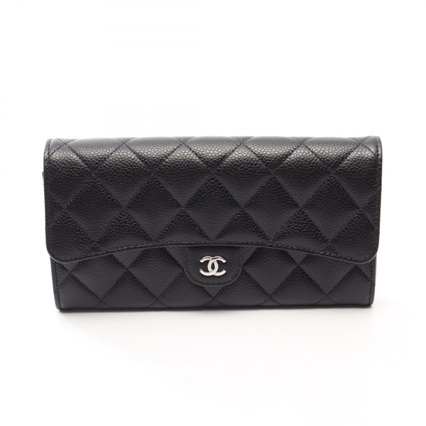 CHANEL Classic Long Flap Wallet Matelasse AP0241 Grained Calfskin Black Used SHW