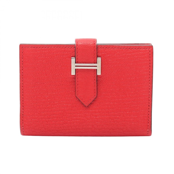 HERMES Bearn Card Case Holder Chevre leather Red Rouge Tomate SHW Used Women Y