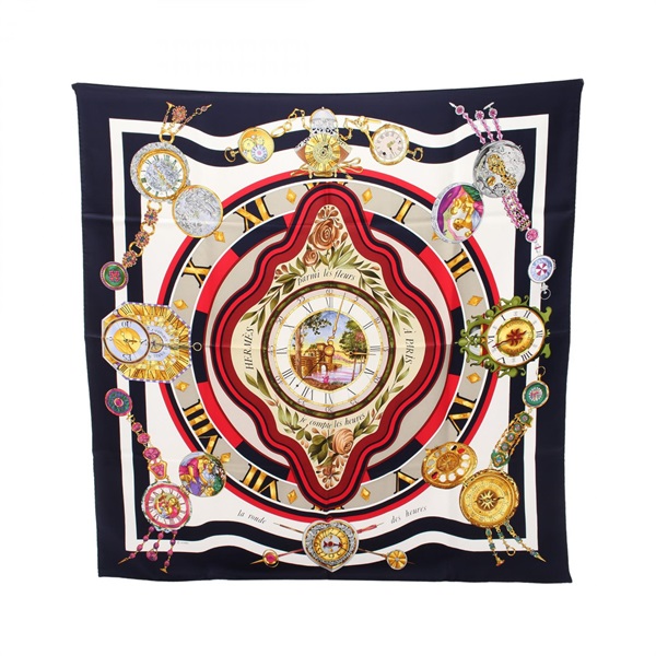 HERMES Carre90 Parmi les fleurs je compte les heures Scarf Silk Navy Used Women