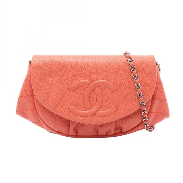 CHANEL Half Moon COCO Mark Chain Shoulder Bag Calfskin Orange SHW Used Women