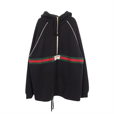 GUCCI Web Sherry Line GUCCI Label Half-Zip Hoodie #XXL 645320 cotton Black Used