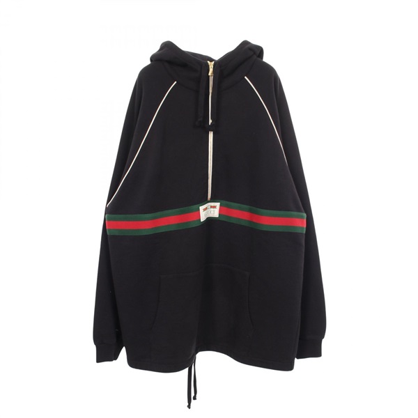 GUCCI Web Sherry Line GUCCI Label Half-Zip Hoodie #XXL 645320 cotton Black Used