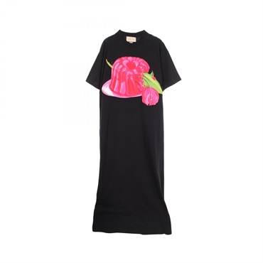 GUCCI Cotton jersey rose print back logo Dress 772303 XJGEF Black Pink #S Used