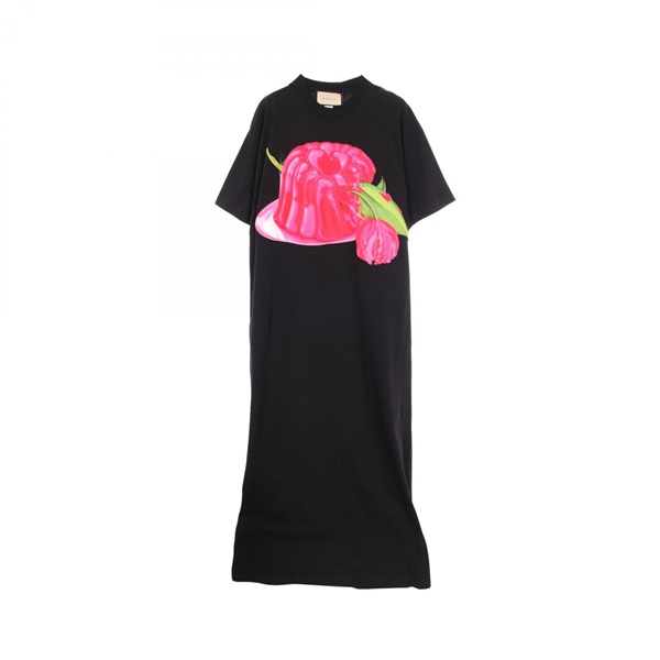 GUCCI Cotton jersey rose print back logo Dress 772303 XJGEF Black Pink #S Used