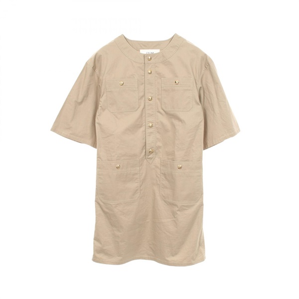 CELINE Triomphe Button Short Sleeve Dress 2R29F204I cotton Beige #34 Used Women
