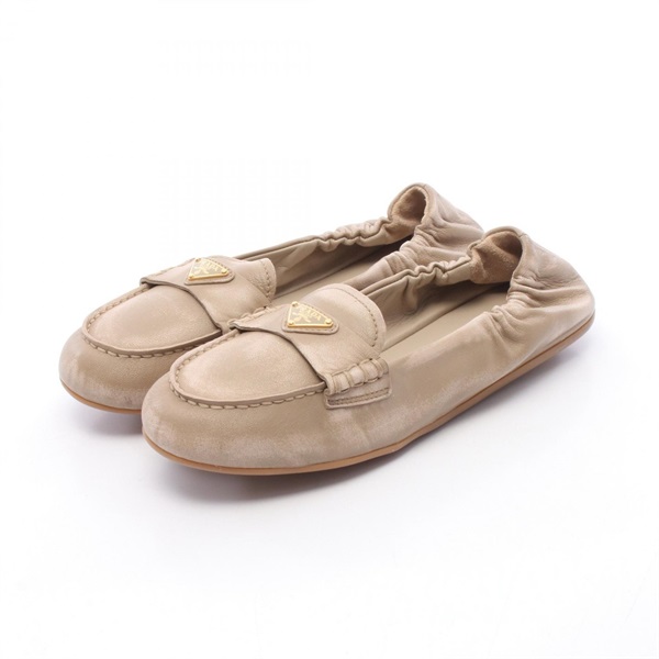 PRADA Triangular plate flat loafers leather Beige #36 Used Women