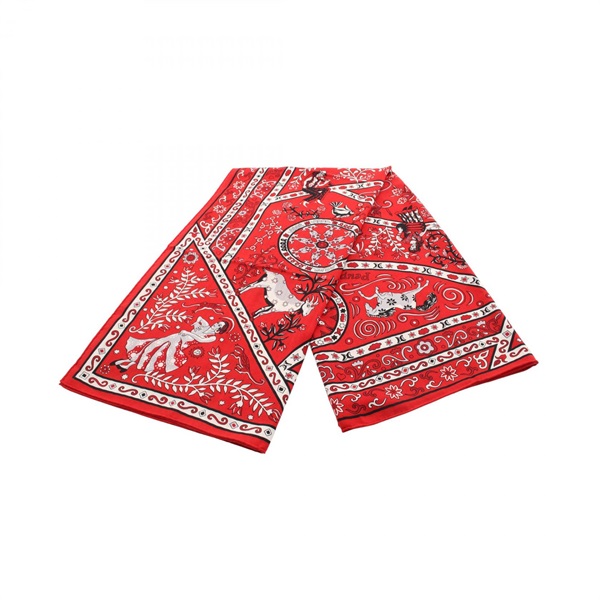 HERMES Carre140 Peuple du Vent Scarf Silk XCshmere Red Black White Used Women