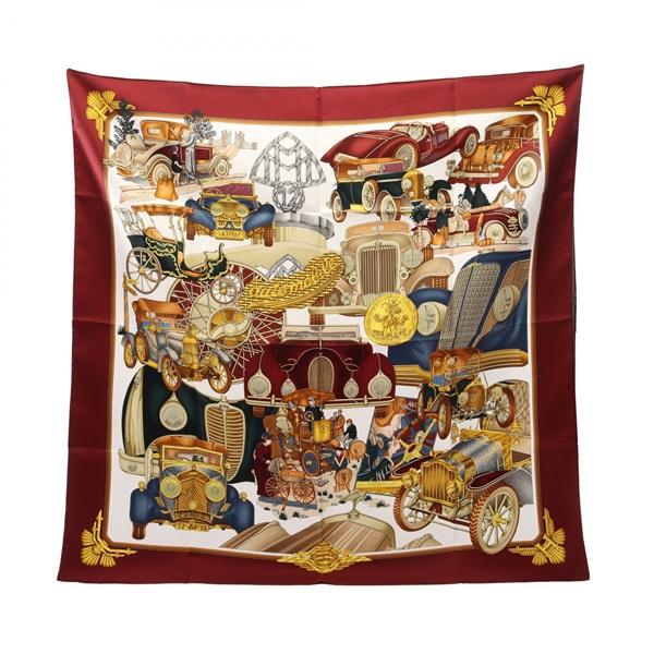 HERMES Carre90 Automobile Scarf Silk Bordeaux White Multicolor Used Women