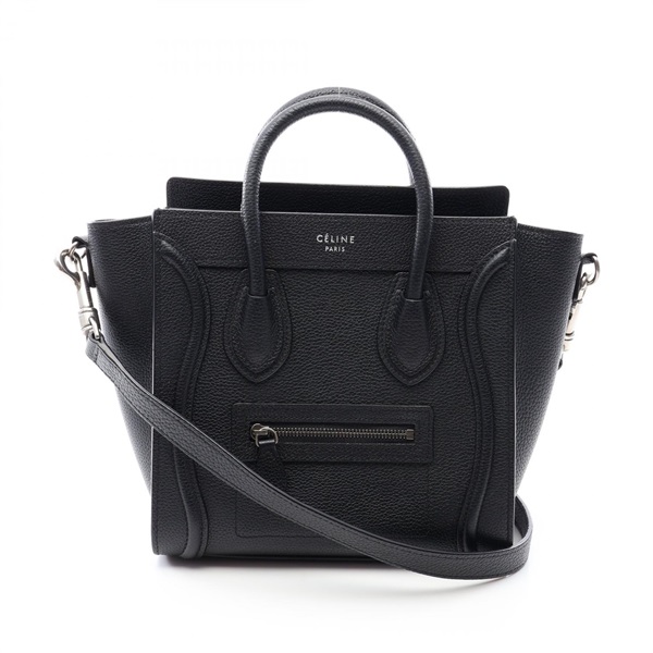 CELINE Luggage Nano Shopper 2WAY Shoulder Handbag leather Black Used Women