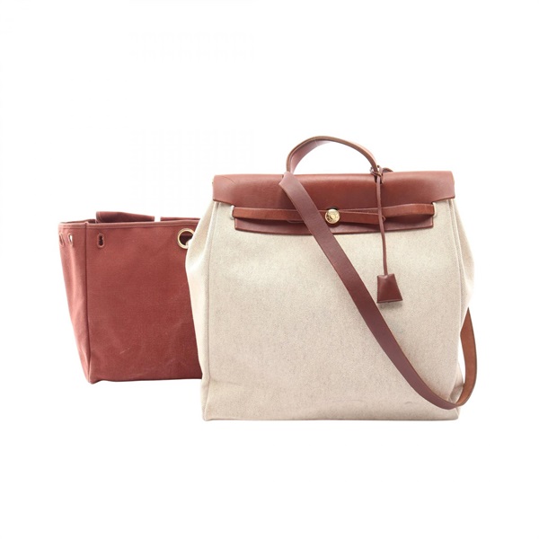 HERMES Herbag MM Rouge H Shoulder Handbag Hunter leather Toile H canvas Beige F