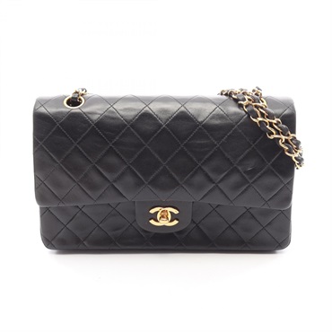 CHANEL Matelasse Double Flap Chain Shoulder Bag Lambskin Black GHW Used Women