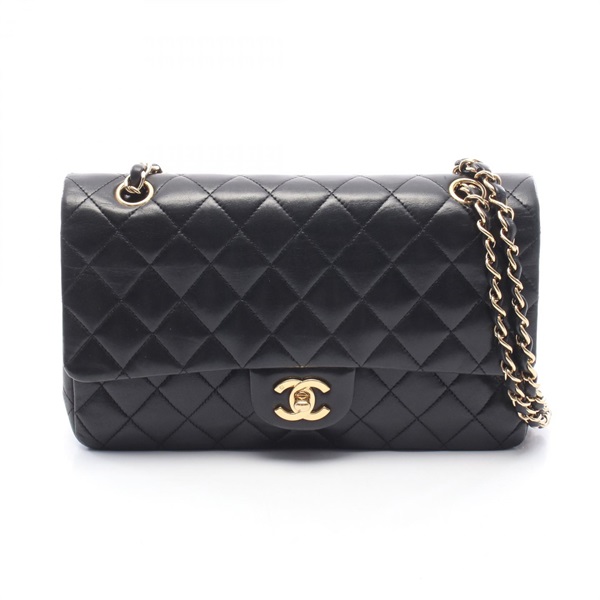 CHANEL Matelasse W flap Chain Shoulder Bag Lamb sheep leather Black Used GHW CC