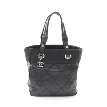 CHANEL Paris Biarritz PM Tote Bag A34208 canvas leather Black Used Women SHW CC