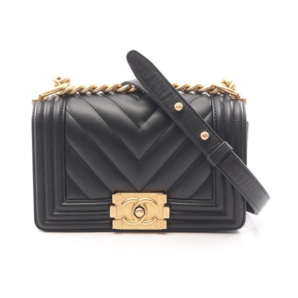 CHANEL Boy Chanel Small Chevron V Shoulder Bag Lamb leather Black Used GHW CC