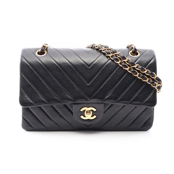 CHANEL Chevron V-stitch Double Flap Chain Shoulder Bag Lambskin Black CC Used