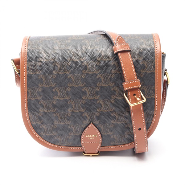 CELINE Folco Medium Crossbody Shoulder Bag canvas leather Black Brown Used Women