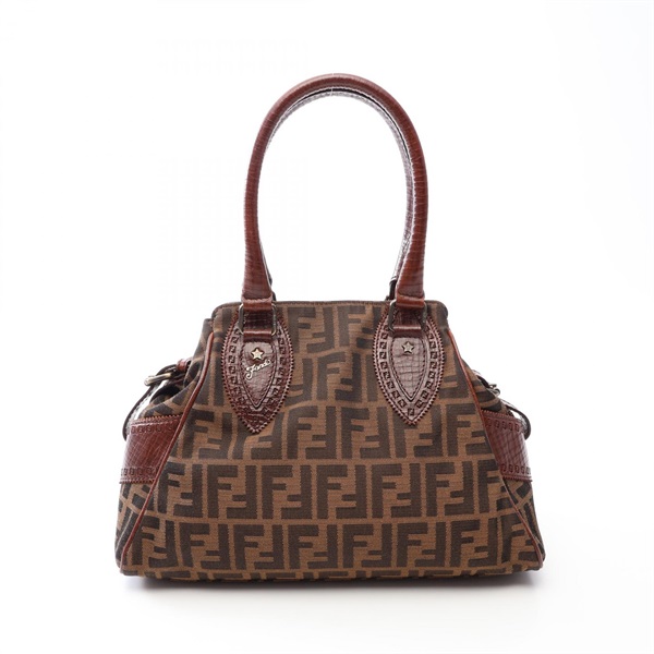 FENDI Ethnico Zucca Shoulder Handbag canvas leather Brown Used Women