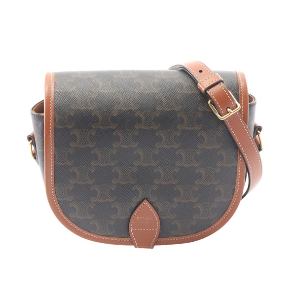 CELINE Folco Medium Triomphe Shoulder Bag canvas leather Black Brown Used Women