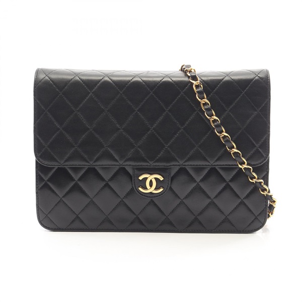 CHANEL Matelasse Push Lock Shoulder Bag Lamb Leather Black Used Women GHW CC