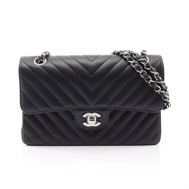 CHANEL Chevron V Stitch Chain Shoulder Bag Lambskin sheep leather Black Used SHW
