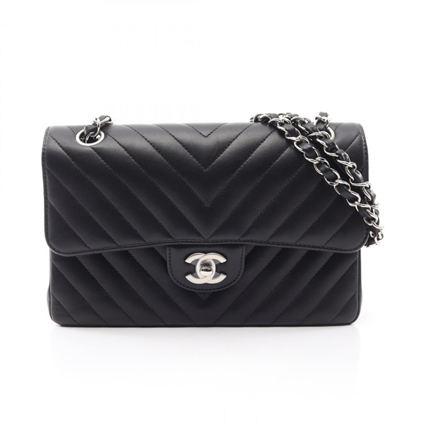 CHANEL Chevron V Stitch Chain Shoulder Bag Lambskin sheep leather Black Used SHW