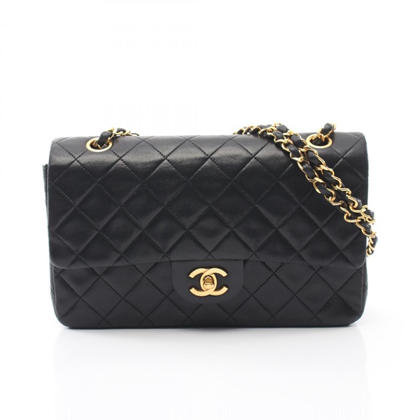 CHANEL Matelasse W flap Chain Shoulder Bag Lamb sheep leather Black Used GHW CC