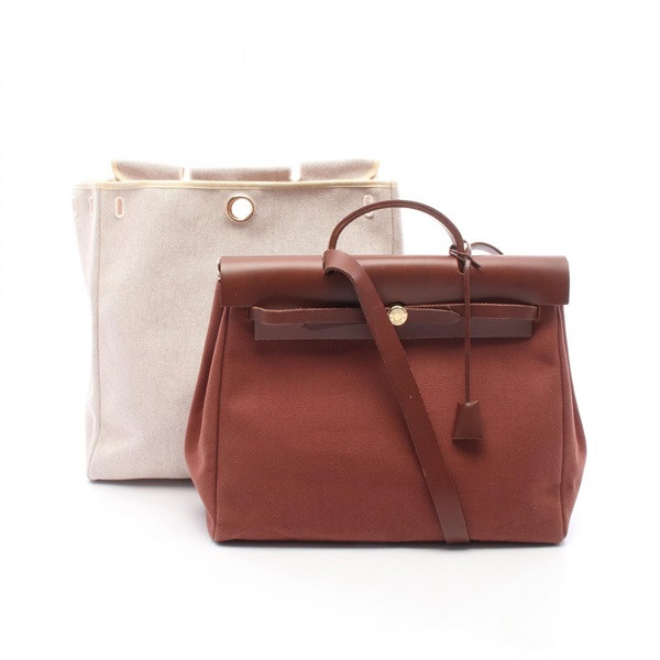 HERMES Herbag MM shoulder Handbag E Toile H Hunter Brown Ecru Used Women GHW