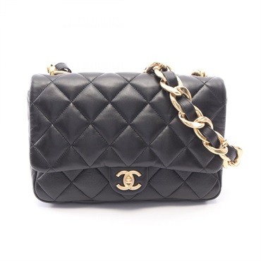 CHANEL Large flap Matelasse Chain Shoulder Bag Lamb sheep leather Black Used GHW