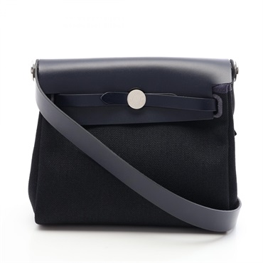 HERMES Herbag Zip Mini Shoulder Bag 086430CK Hunter leather Canvas Navy used SHW
