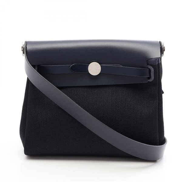 HERMES Herbag Zip Mini Shoulder Bag 086430CK Hunter leather Canvas Navy used SHW