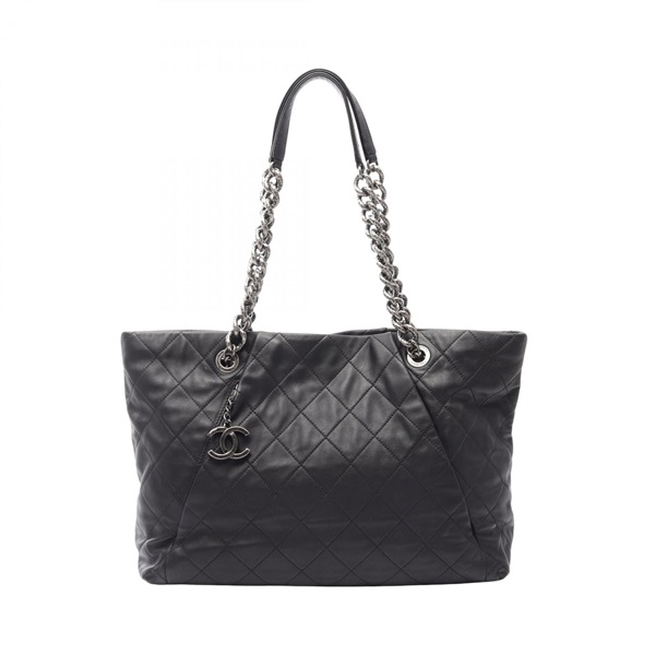 CHANEL Matelasse Tote chain shoulder hand Bag Lambskin leather Black Used Women