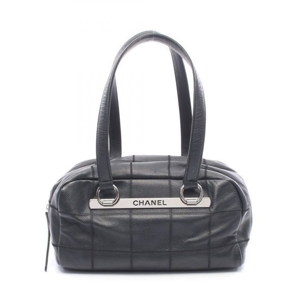 CHANEL Chocolate bar Hand bag Grained Calfskin leather Black Used Women SHW CC