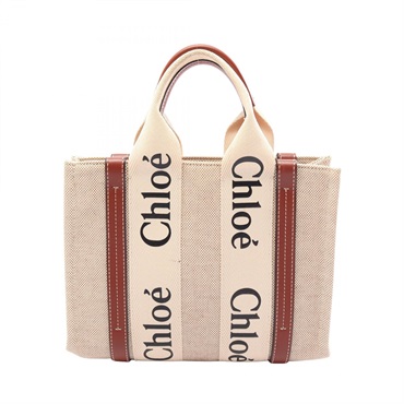 Chloe WOODY Small Tote Hand  Bag canvas leather Beige Brown Used Women Logo
