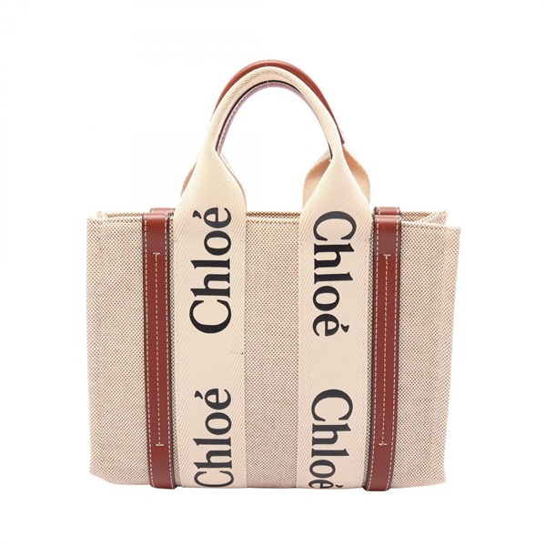 Chloe WOODY Small Tote Hand  Bag canvas leather Beige Brown Used Women Logo