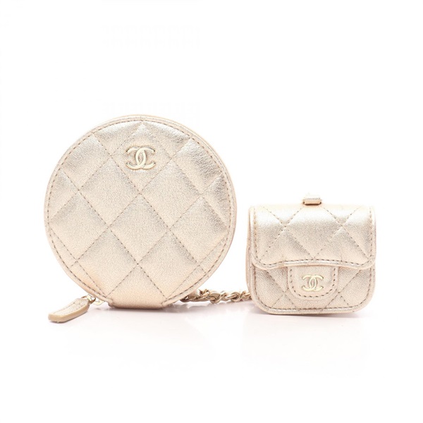 CHANEL Matelasse 2024 Year Gift AirPods Case Coin purse Lamb leather Gold Used